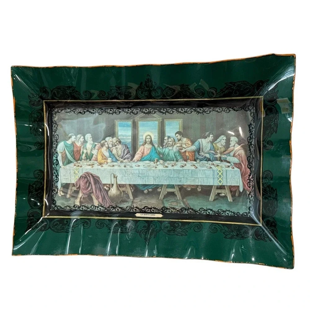 Vintage Last Supper‎ Serving Tray Wall Hanging 19x13 Green Gold MCM Decor